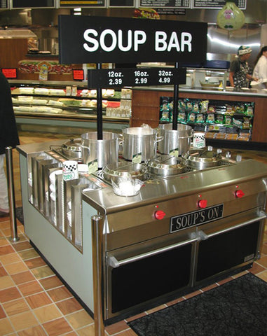 SOG6046D 60" Wide with 3-9 Soup Wells - Shown with Built-In Lid Holders, Elevated Sign, and Optional Dry Stock Pots for Snack Merchandising