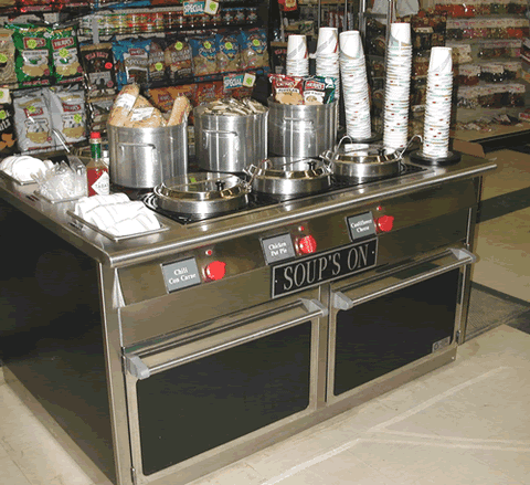 SOG6046D 60" Wide with 3-9 Soup Wells - Shown with Optional Dry Stock Pots for Snack Merchandising