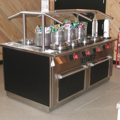 SOG7246D-DS 72" Wide with up to 12 Soup Wells - Shown with Optional Sneezeguard and Dry Stock Pots for Snack Merchandising